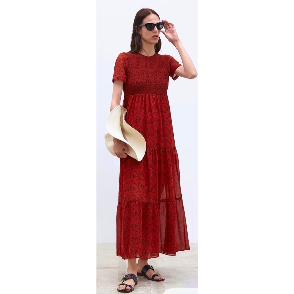 Zara red floral maxi dress shirred bodice tiered skirt, size XS